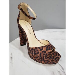 Jessica Simpson Izzella Round Open Toe Chunky Gold Heel Pumps Leopard Print SZ 7